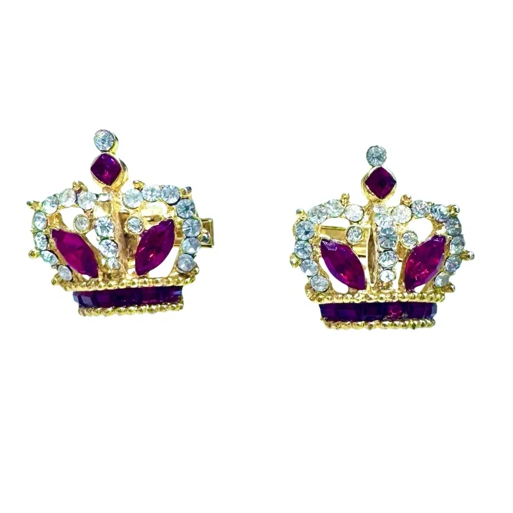 ROYAL CROWN RED AND CLEAR CRYSTAL GOLD TONE CUFFLINKS